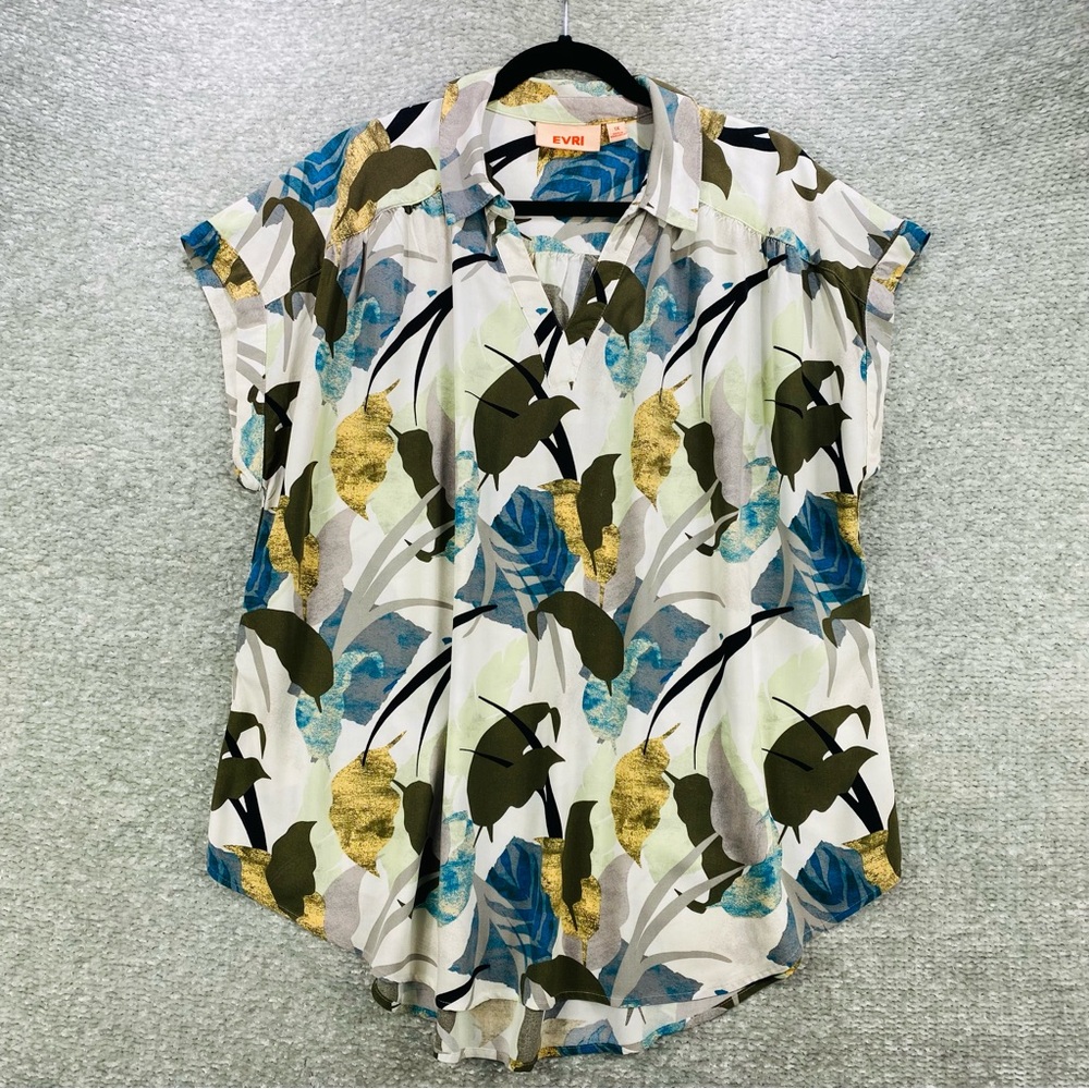 EVRI Women’s Tropical Leaf Print Short Sleeve Blouse Size 1X